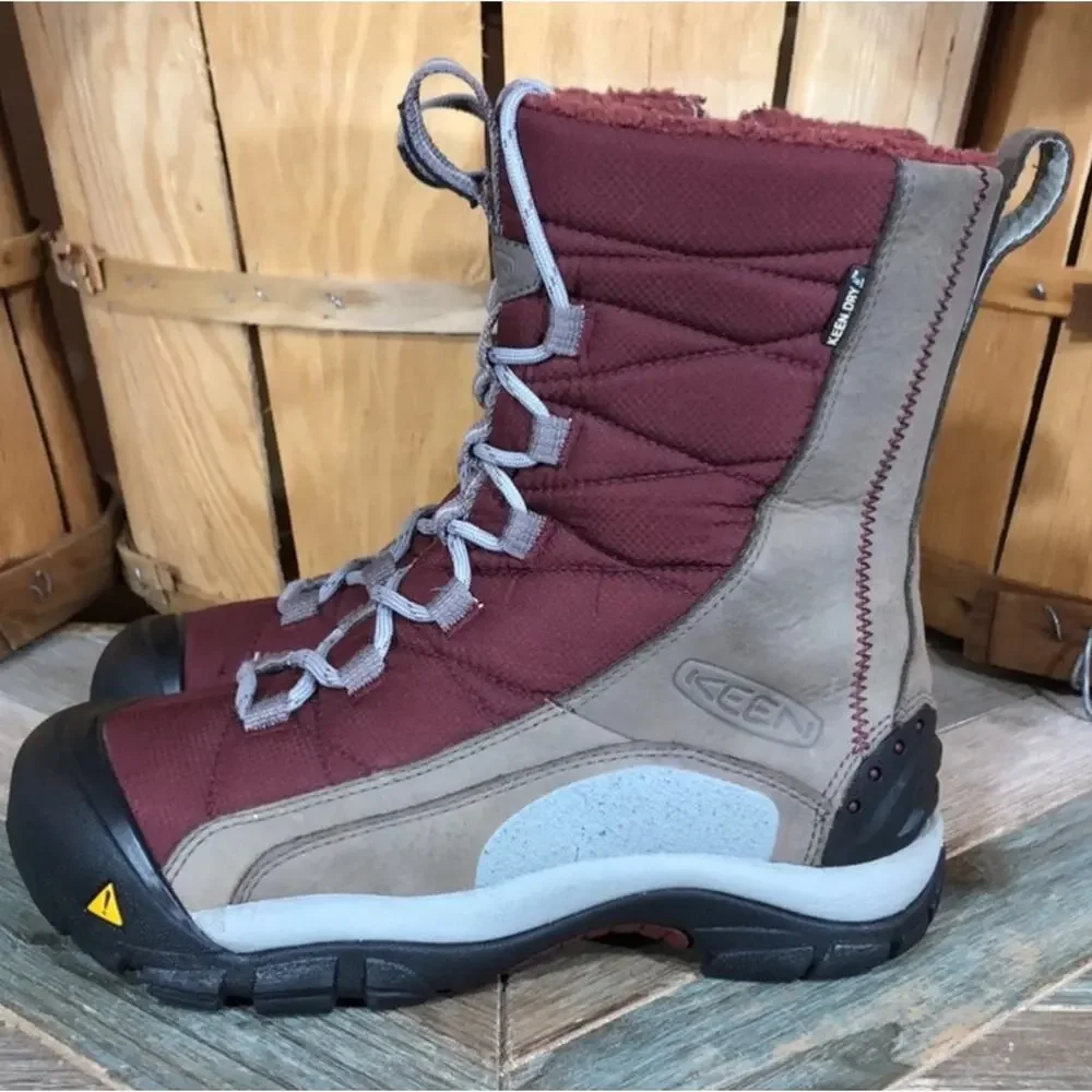 Keen Vail Tan Leather Red Insulated Waterproof Lace-Up Zip Winter Boots Womens 6